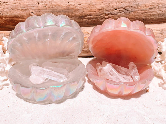 Aura Quartz Clam Shell | Rose Quartz Seashell | Fluorite Seashell Carving  | Rainbow Aura Quartz | Trinket Dish | Seashell Trinket Bowl