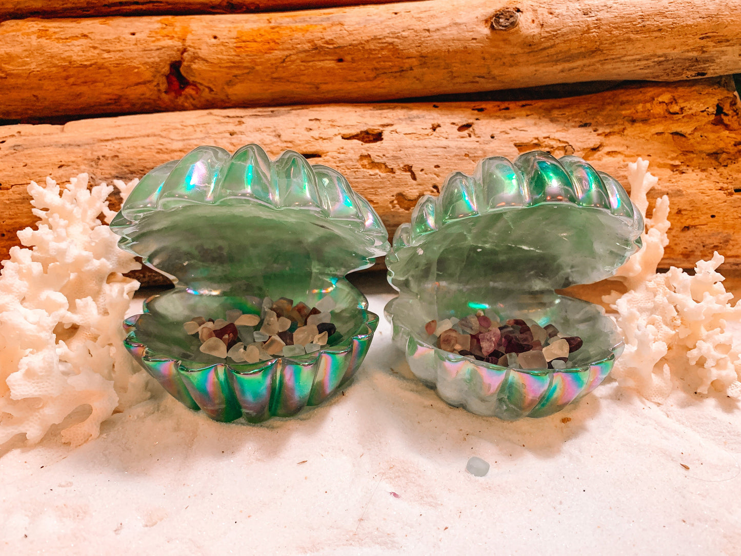 Aura Quartz Clam Shell | Rose Quartz Seashell | Fluorite Seashell Carving  | Rainbow Aura Quartz | Trinket Dish | Seashell Trinket Bowl