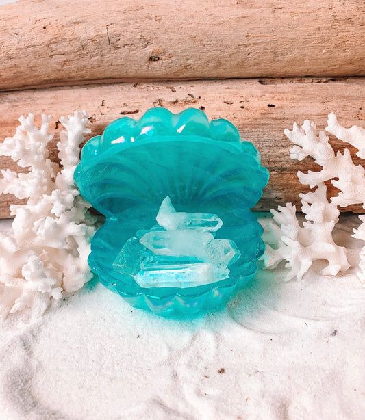 Blue Aura Quartz Clam Shell | Aqua Aura Quartz Seashell | Seashell Carving  | Crystal Seashell | Carved Seashell Trinket Bowl | Trinket Dish